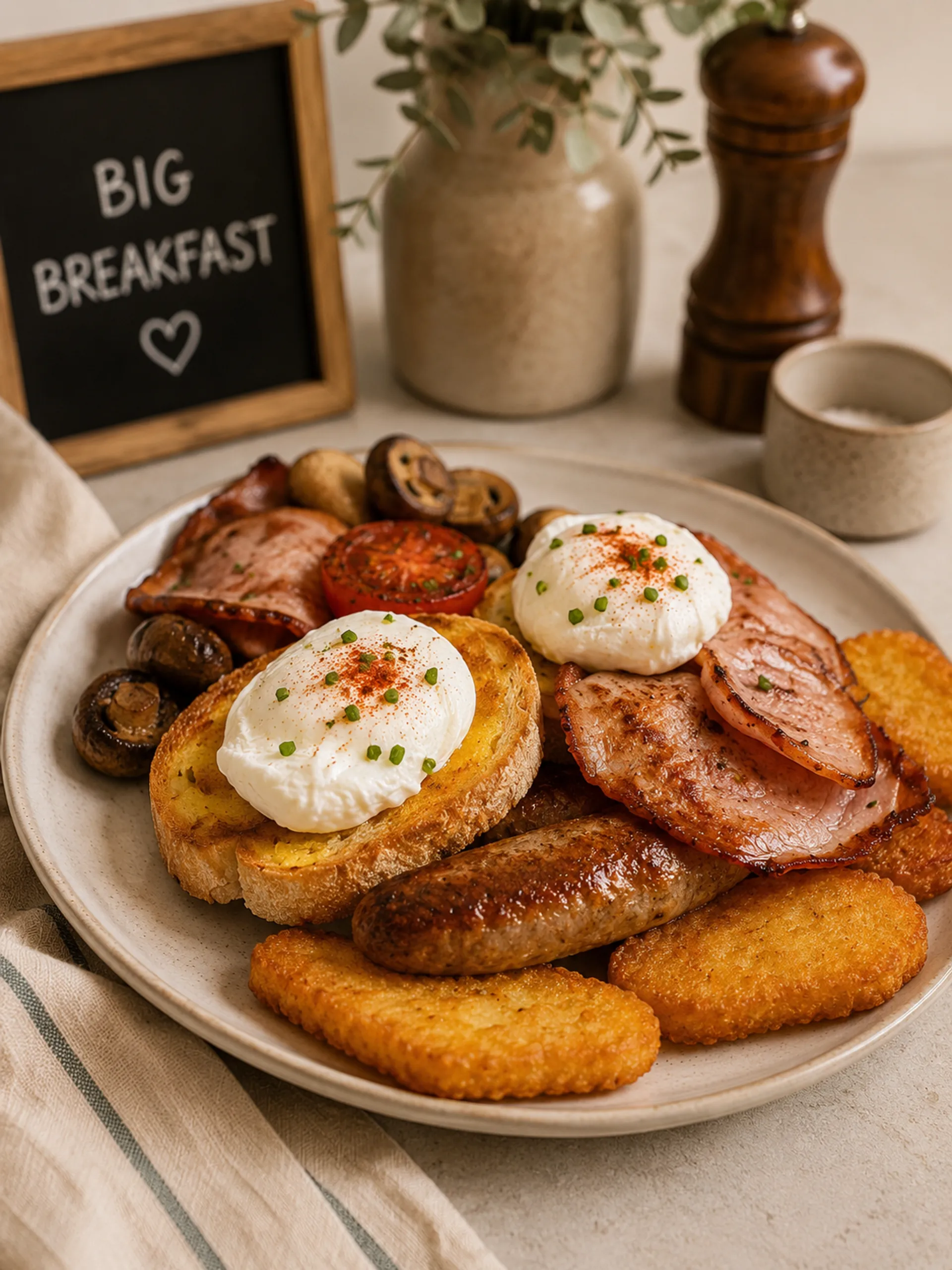Big Breakfast plate with poached eggs, bacon, sausage, hash browns and toast on cream ceramic