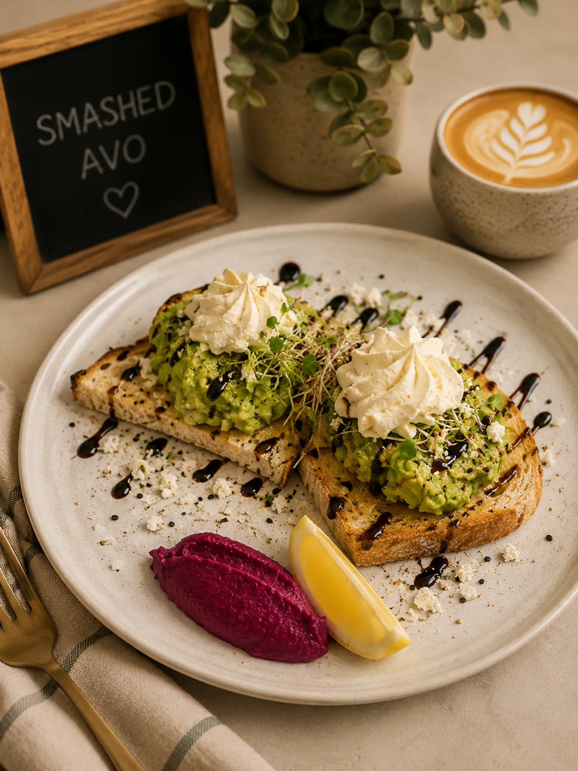 Smashed avo on sourdough with ricotta, herbs, balsamic glaze and beetroot hummus